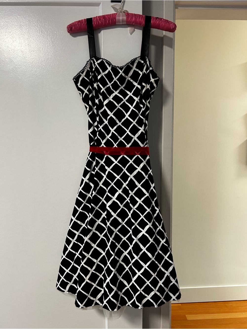 Mariposa Rockabilly Black & White Diamond Print with Red Sash & Crinolan Dress.